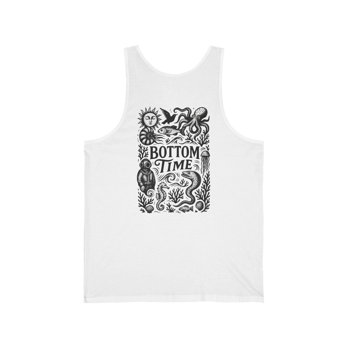 Creative Unisex Jersey Tank for Ocean Lovers, Bottom Time Shirt, Casual Summer Top, Beachwear, Gift for Diver