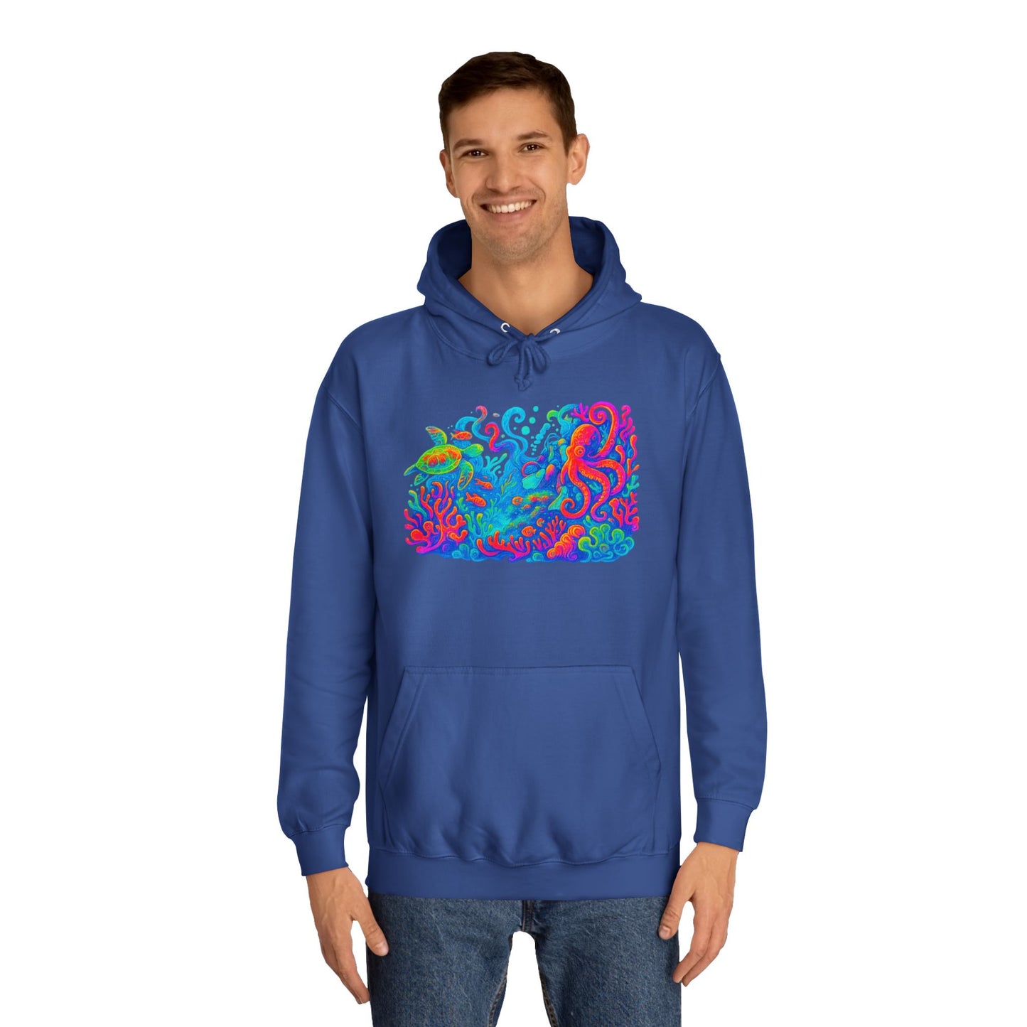 Vibrant Sea Turtle Unisex Hoodie, Cozy Octopus Sweatshirt, Fun Beachwear, Gift for Nature Lovers, Casual Wear, Gift for Her, Resort Wear, Bottom Time, Gift for Octopus Lover, glow party, , festival shirt, glow party, rave shirt, neon shirt, drinking shirt