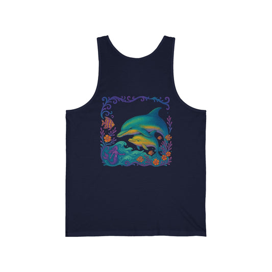 Dolphin Unisex Jersey Tank, Summer Vibes, Casual Wear, Vacation Attire, Gift for Beach Lovers, Gift for Dolphin Lovers