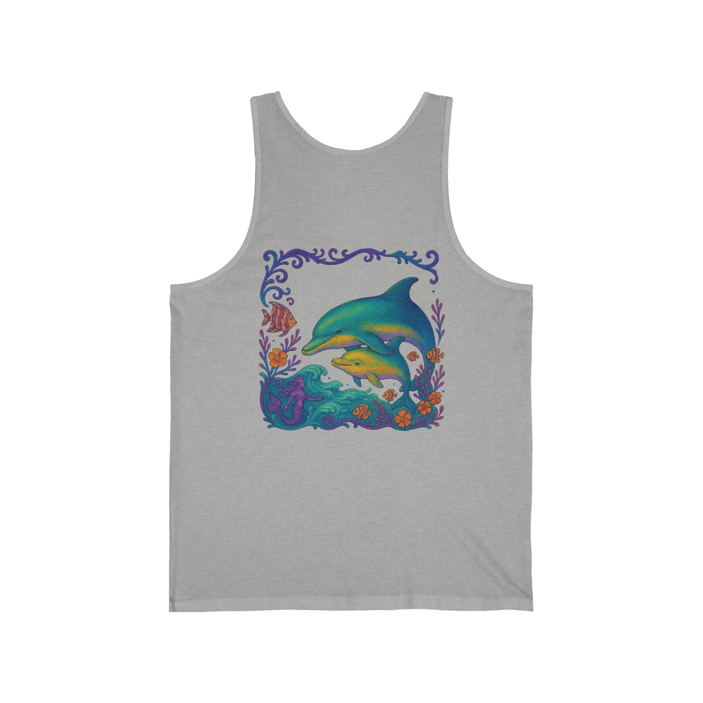 Dolphin Unisex Jersey Tank, Summer Vibes, Casual Wear, Vacation Attire, Gift for Beach Lovers, Gift for Dolphin Lovers