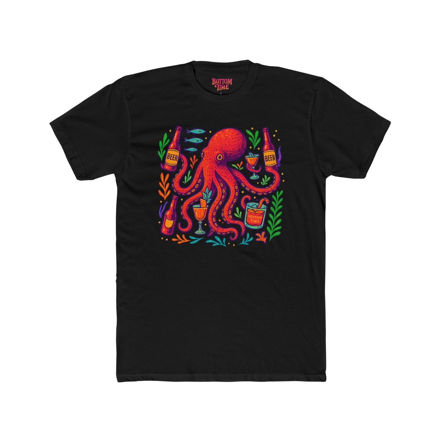 Colorful Octopus Cocktail Tee, Unisex T-Shirt, Summer Apparel, Beachwear, Nautical Gift, Fun Fashion Shirt, Gift for Octopus Lover, glow party, , festival shirt, glow party, rave shirt, neon shirt, drinking tee