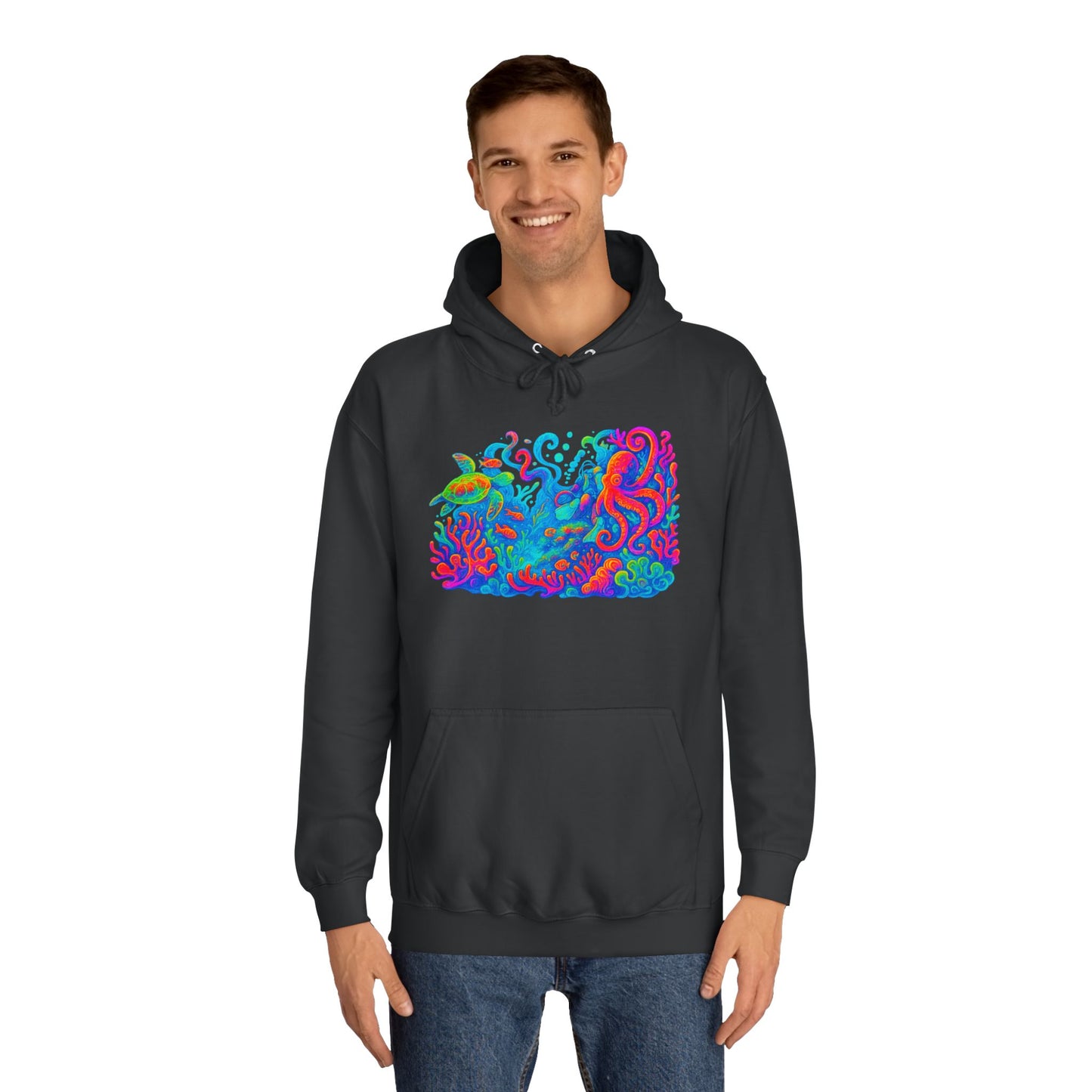 Vibrant Sea Turtle Unisex Hoodie, Cozy Octopus Sweatshirt, Fun Beachwear, Gift for Nature Lovers, Casual Wear, Gift for Her, Resort Wear, Bottom Time, Gift for Octopus Lover, glow party, , festival shirt, glow party, rave shirt, neon shirt, drinking shirt