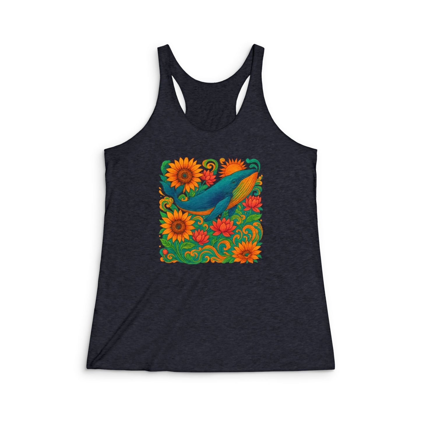 Vibrant Floral Whale Racerback Tank Top, Summer Tank, Beachwear, Casual Wear, Boho Style, Gift for Her, Festival Top, gift for whale lovers