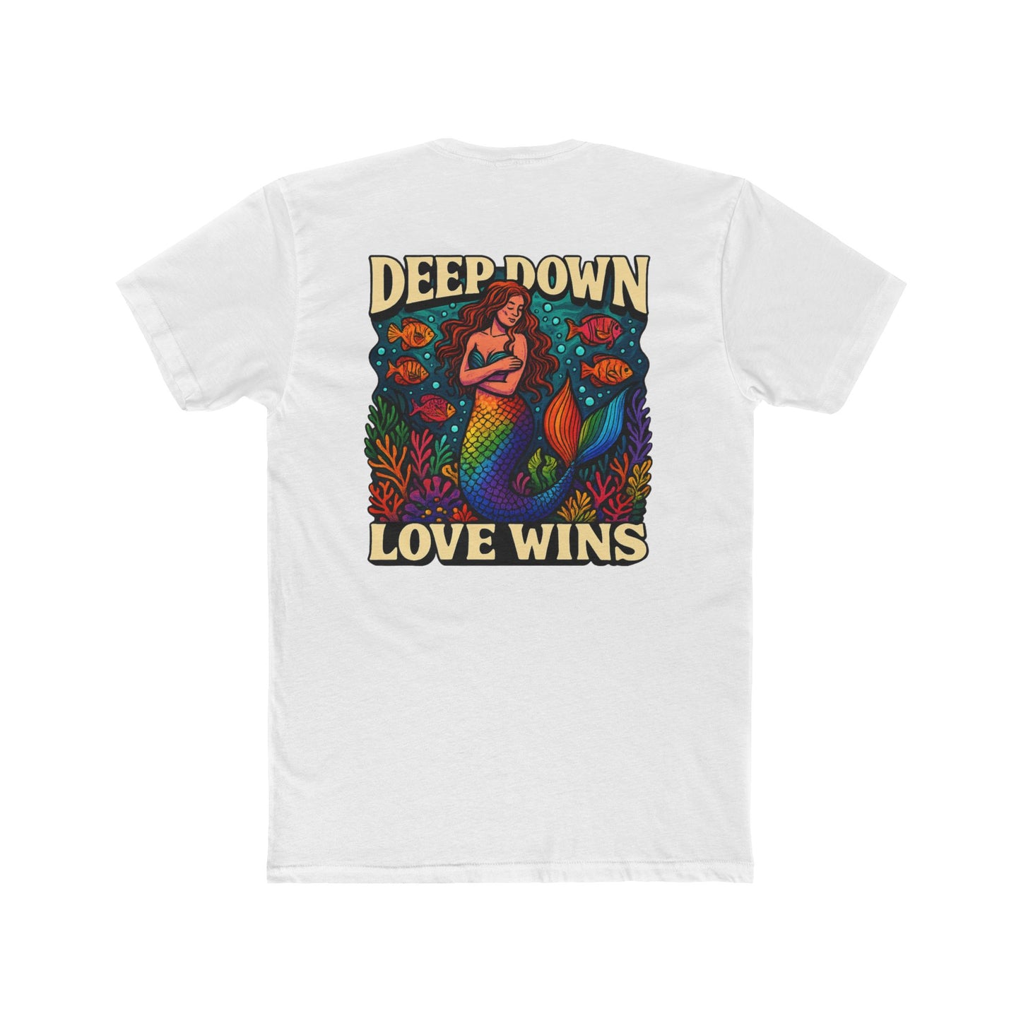 Mermaid Graphic Tee - Deep Down Love Wins, Unisex Crew Shirt, Ocean Theme Apparel, Beach Lover Gift, Pride Clothing
