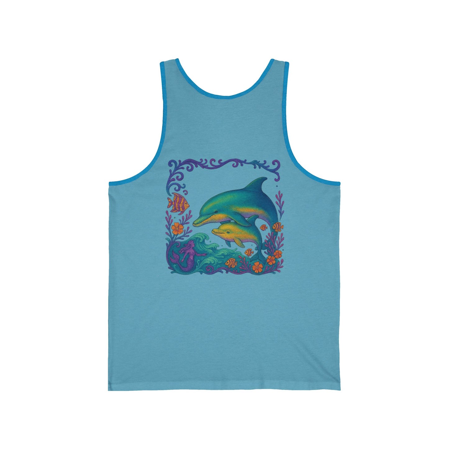 Dolphin Unisex Jersey Tank, Summer Vibes, Casual Wear, Vacation Attire, Gift for Beach Lovers, Gift for Dolphin Lovers