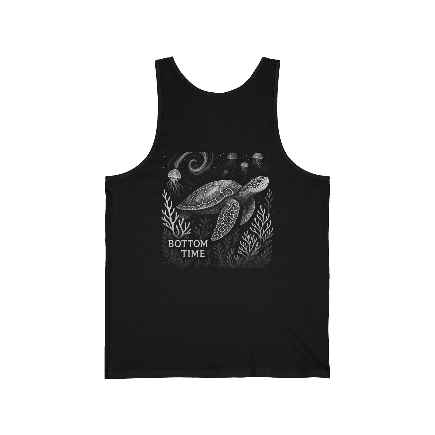Bottom Time Sea Turtle Unisex Jersey Tank - Black and White Tank, Ocean Inspired Tank Top, Beachwear, Summer Essentials, Gift for Sea Lovers, Adventure Tee