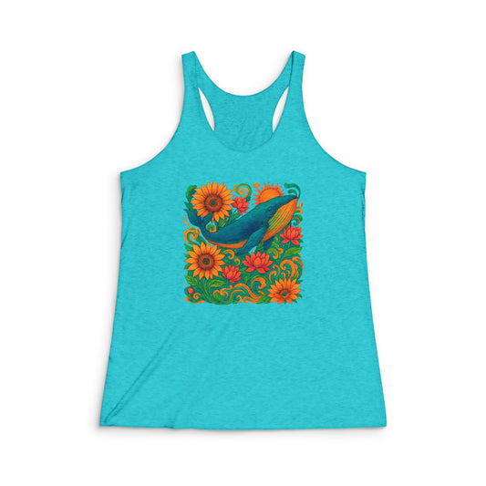 Vibrant Floral Whale Racerback Tank Top, Summer Tank, Beachwear, Casual Wear, Boho Style, Gift for Her, Festival Top, gift for whale lovers