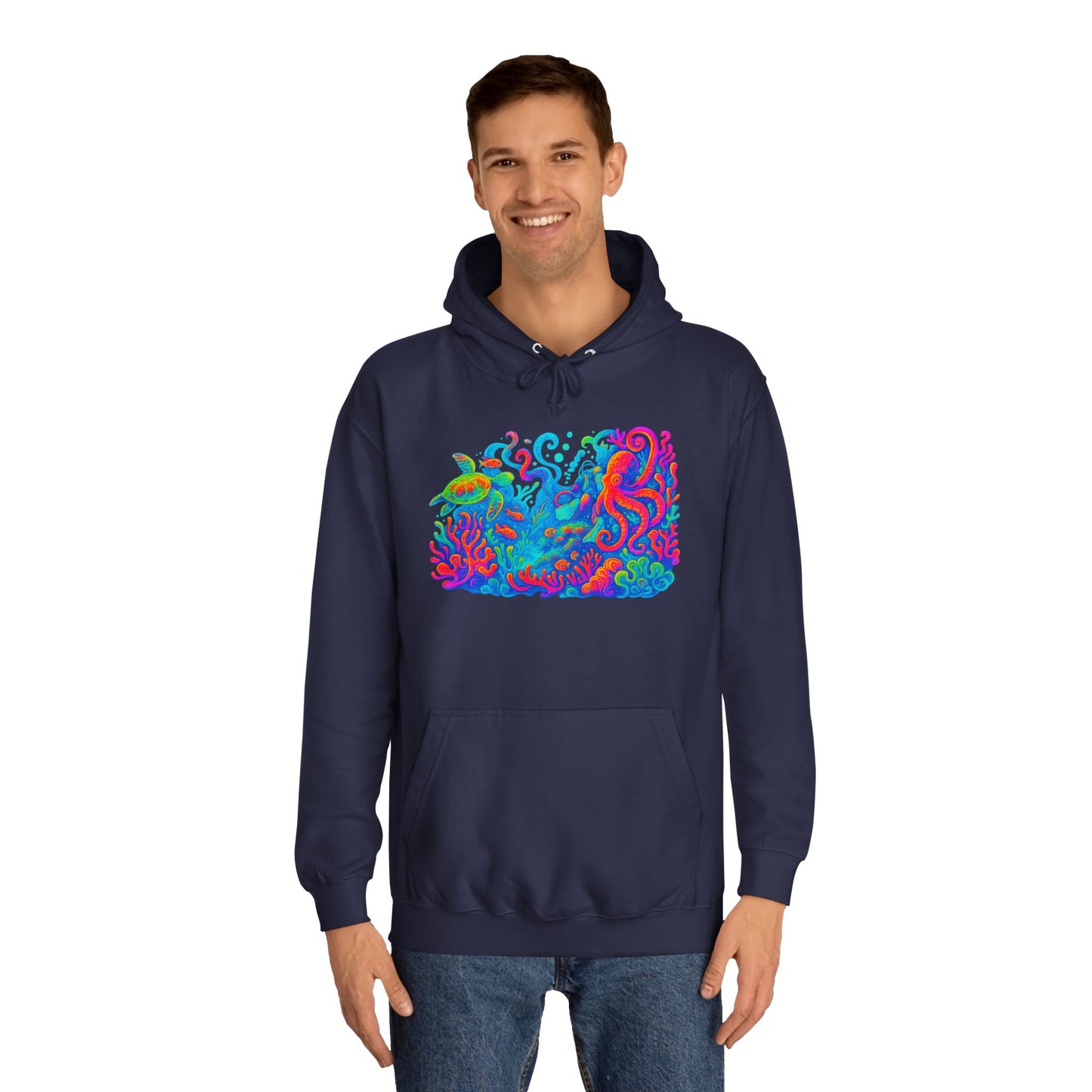 Vibrant Sea Turtle Unisex Hoodie, Cozy Octopus Sweatshirt, Fun Beachwear, Gift for Nature Lovers, Casual Wear, Gift for Her, Resort Wear, Bottom Time, Gift for Octopus Lover, glow party, , festival shirt, glow party, rave shirt, neon shirt, drinking shirt