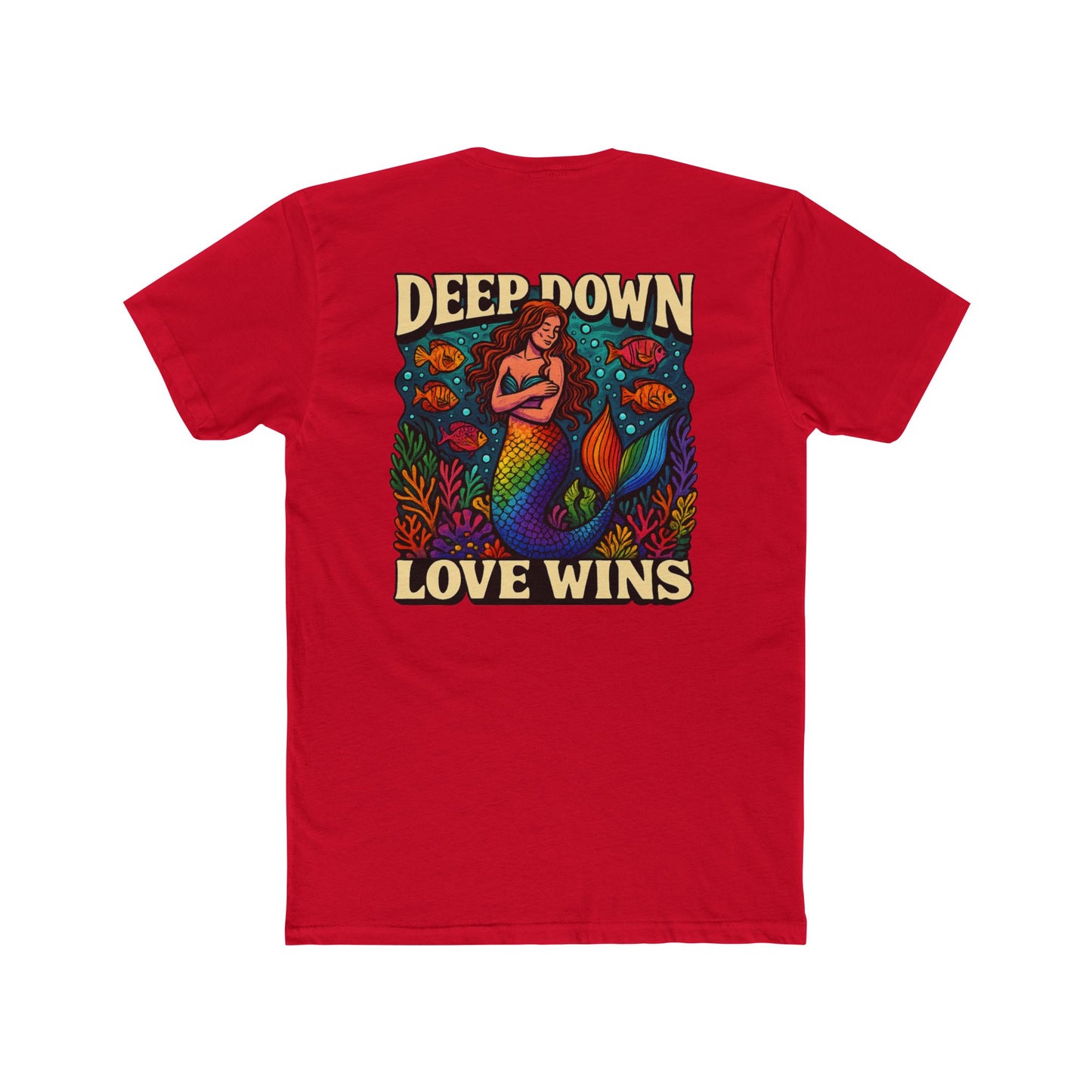 Mermaid Graphic Tee - Deep Down Love Wins, Unisex Crew Shirt, Ocean Theme Apparel, Beach Lover Gift, Pride Clothing
