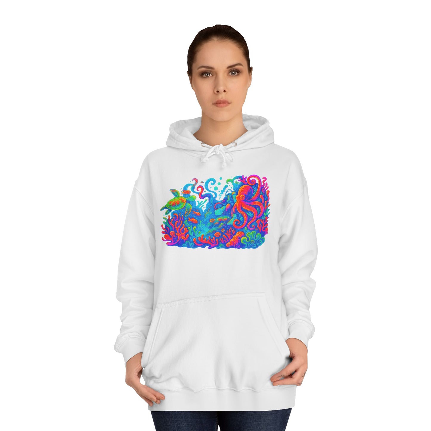 Vibrant Sea Turtle Unisex Hoodie, Cozy Octopus Sweatshirt, Fun Beachwear, Gift for Nature Lovers, Casual Wear, Gift for Her, Resort Wear, Bottom Time, Gift for Octopus Lover, glow party, , festival shirt, glow party, rave shirt, neon shirt, drinking shirt