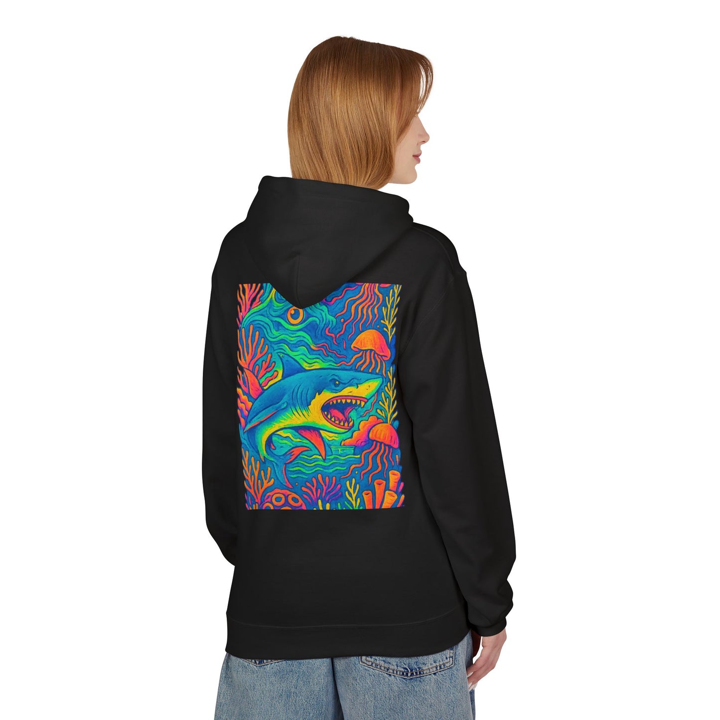 Cozy Shark Lovers Hoodie, Shark Sweatshirt, Perfect for Casual Wear, Gifts, Outdoor Adventures, Summer Fashion, Ocean Lover's Gift, Beach Day Apparel, SHARK WEEK, glow party, Festival shirt, Glow Party, Rave Shirt, Neon Clothes