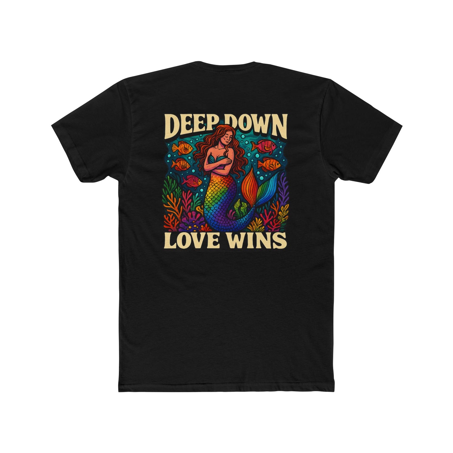 Mermaid Graphic Tee - Deep Down Love Wins, Unisex Crew Shirt, Ocean Theme Apparel, Beach Lover Gift, Pride Clothing