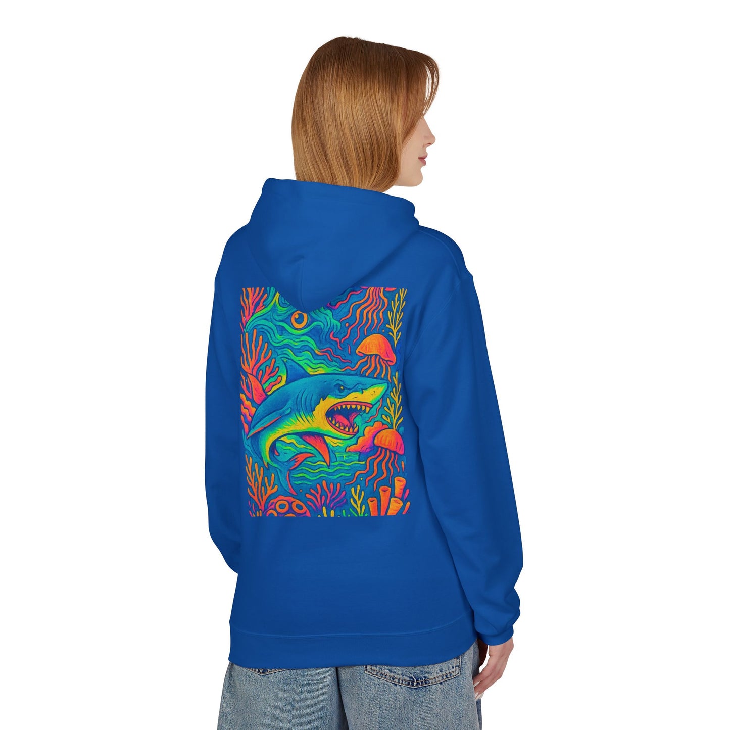 Cozy Shark Lovers Hoodie, Shark Sweatshirt, Perfect for Casual Wear, Gifts, Outdoor Adventures, Summer Fashion, Ocean Lover's Gift, Beach Day Apparel, SHARK WEEK, glow party, Festival shirt, Glow Party, Rave Shirt, Neon Clothes