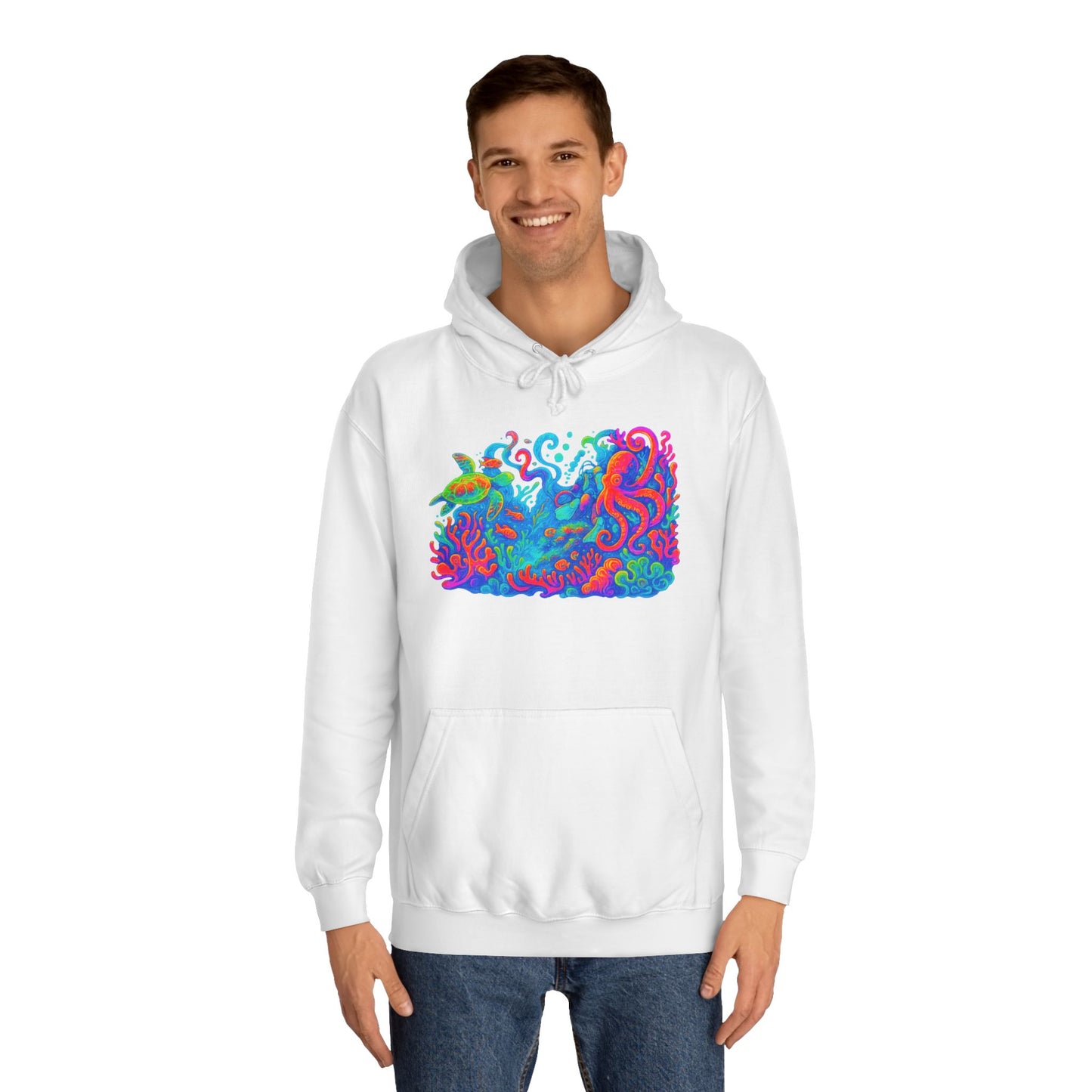 Vibrant Sea Turtle Unisex Hoodie, Cozy Octopus Sweatshirt, Fun Beachwear, Gift for Nature Lovers, Casual Wear, Gift for Her, Resort Wear, Bottom Time, Gift for Octopus Lover, glow party, , festival shirt, glow party, rave shirt, neon shirt, drinking shirt