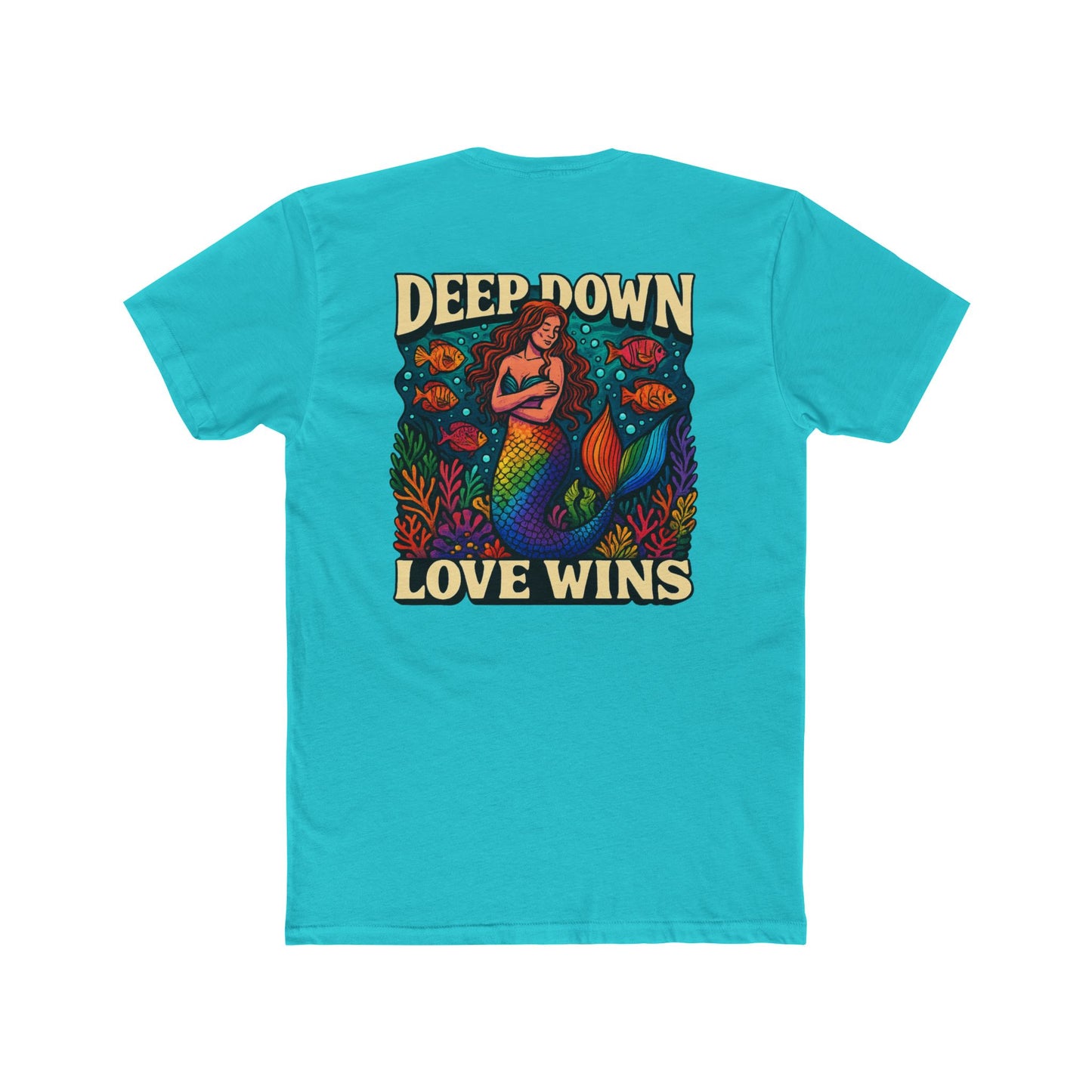 Mermaid Graphic Tee - Deep Down Love Wins, Unisex Crew Shirt, Ocean Theme Apparel, Beach Lover Gift, Pride Clothing
