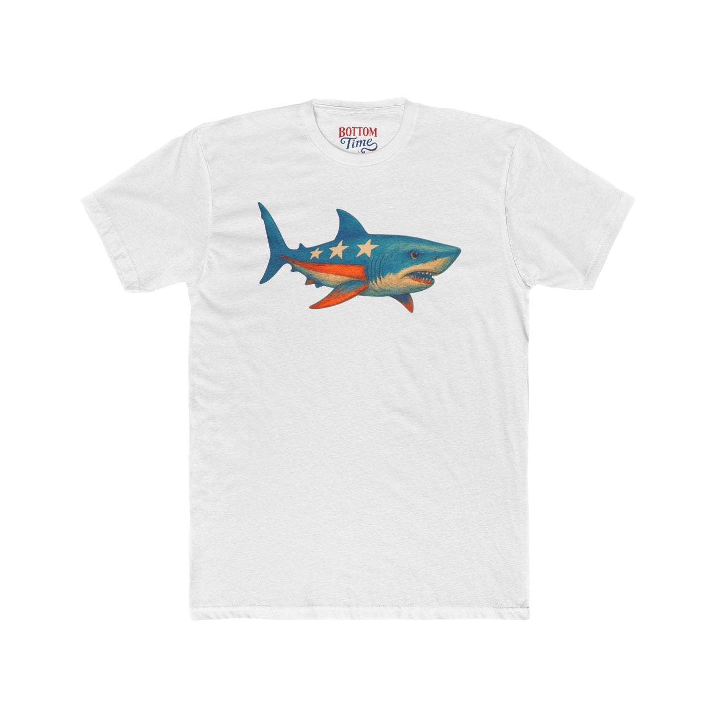 Shark-Themed Unisex 4th of July Tee, Ocean Lover Gift, Beachwear, Casual Summer Top, Cute Shark Shirt, Bottom Time Tee, gift for shark lovers, patriotic tee, shark week