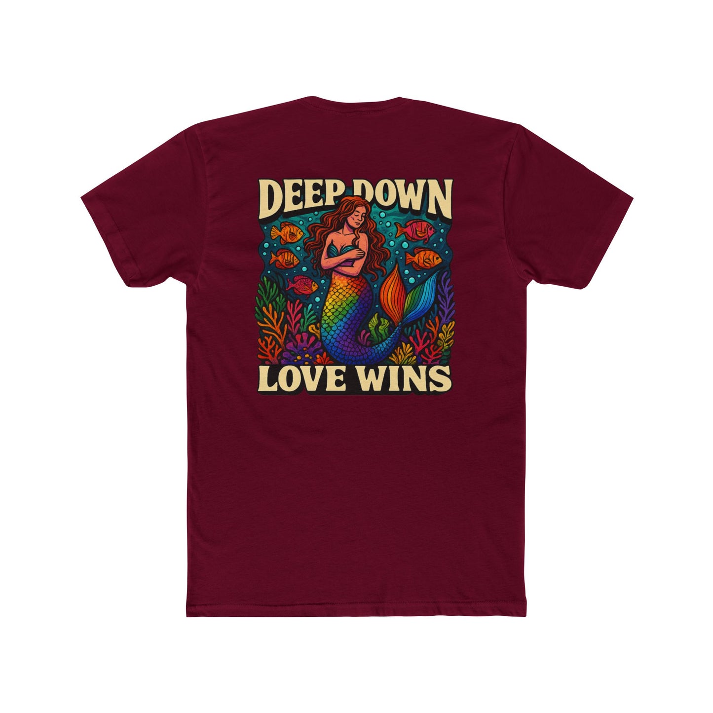 Mermaid Graphic Tee - Deep Down Love Wins, Unisex Crew Shirt, Ocean Theme Apparel, Beach Lover Gift, Pride Clothing