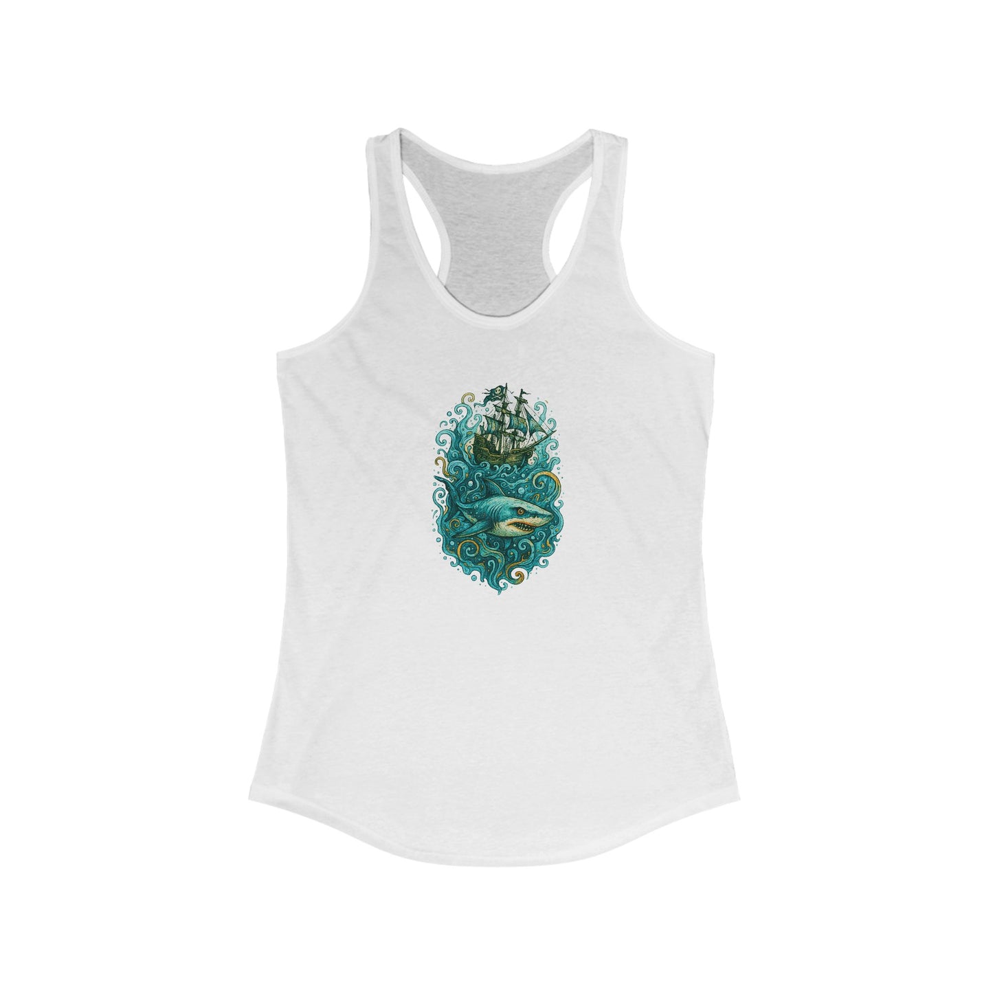 Colorful Shark Racerback Tank, Summer Beach Top, Eco-friendly Activewear, Ideal for Yoga, Vacation Wear,Vibrant Women's Racerback Shark Tank Top, Floral Design, Beachwear, Summer Style, Gift for Her, Resort Wear, Gift for Shark Lovers, Shark Week