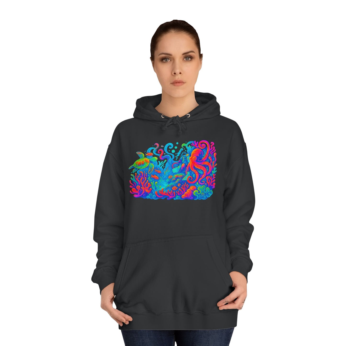 Vibrant Sea Turtle Unisex Hoodie, Cozy Octopus Sweatshirt, Fun Beachwear, Gift for Nature Lovers, Casual Wear, Gift for Her, Resort Wear, Bottom Time, Gift for Octopus Lover, glow party, , festival shirt, glow party, rave shirt, neon shirt, drinking shirt