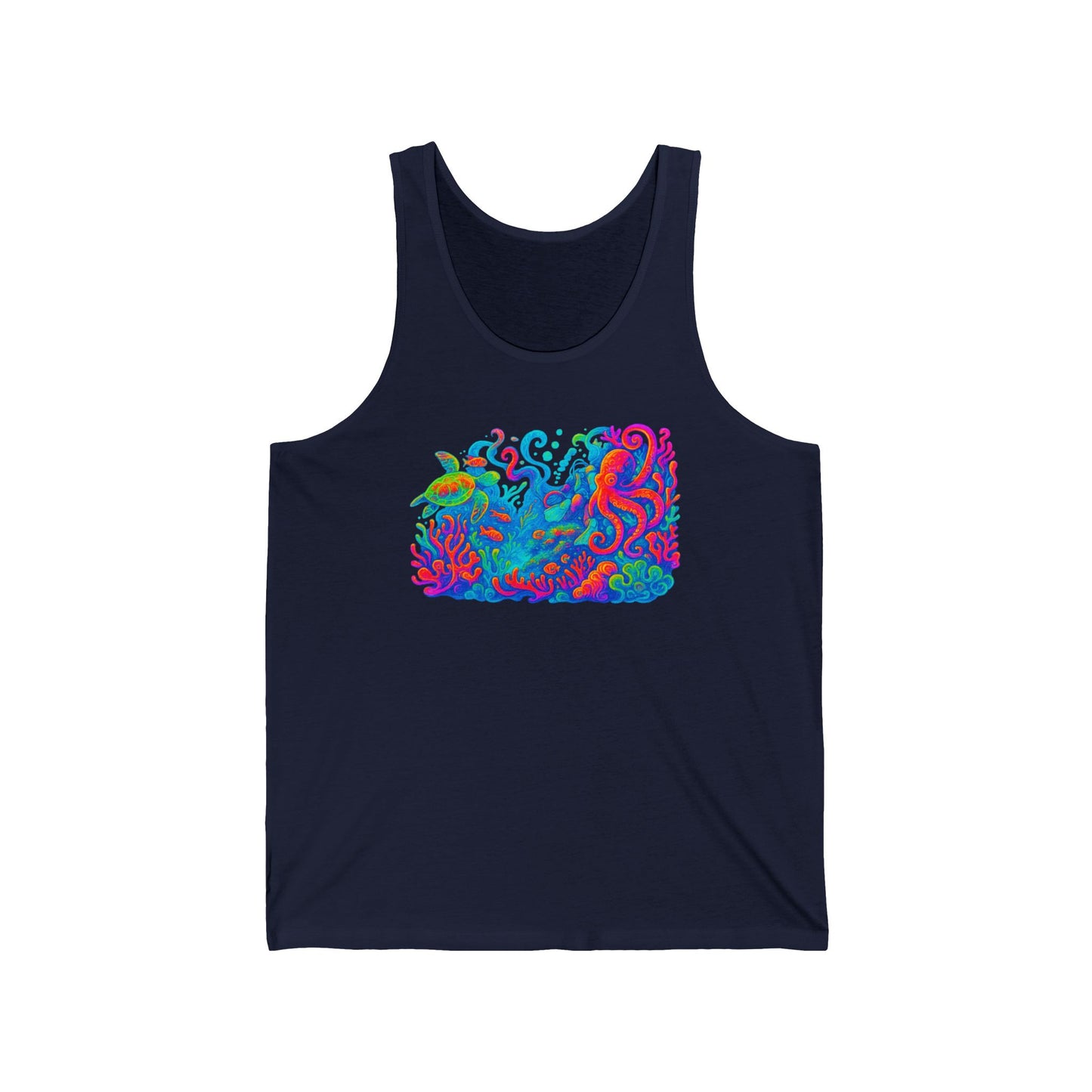 Ocean Vibes Unisex Jersey Tank with sea turtle, summer tank, lake tank, water lovers gift, Gift for ocean Lover, festival shirt, glow party, rave shirt, neon shirt, drinking tank