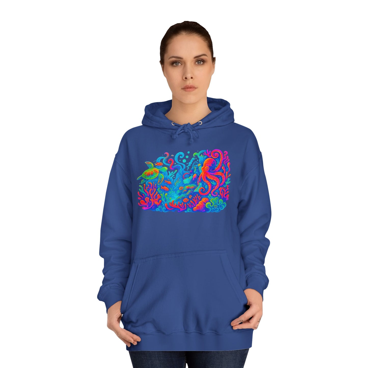 Vibrant Sea Turtle Unisex Hoodie, Cozy Octopus Sweatshirt, Fun Beachwear, Gift for Nature Lovers, Casual Wear, Gift for Her, Resort Wear, Bottom Time, Gift for Octopus Lover, glow party, , festival shirt, glow party, rave shirt, neon shirt, drinking shirt