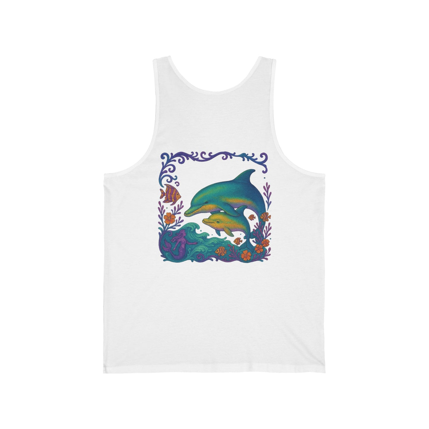 Dolphin Unisex Jersey Tank, Summer Vibes, Casual Wear, Vacation Attire, Gift for Beach Lovers, Gift for Dolphin Lovers