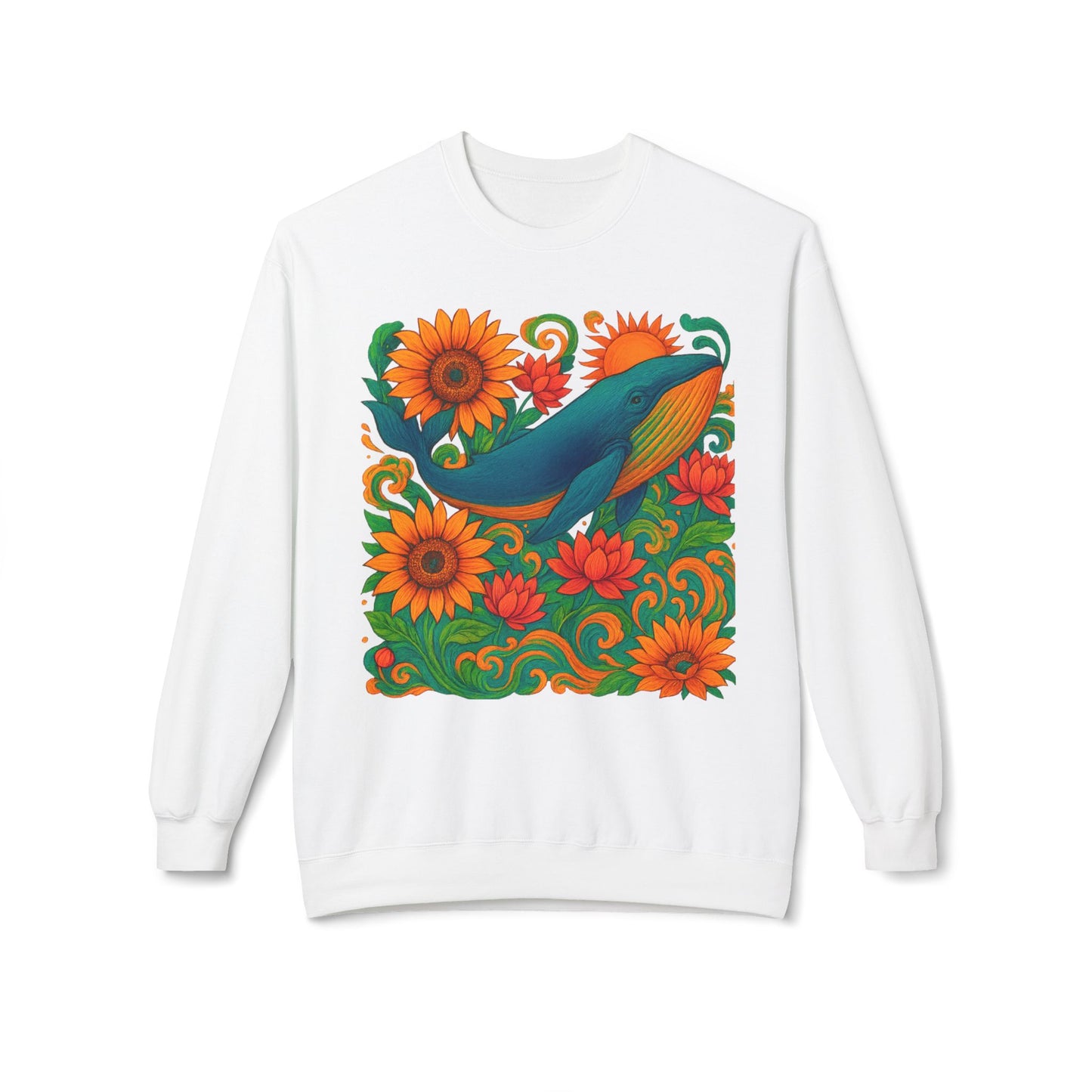 Whale flower Fleece Crewneck Sweatshirt - 'Bottom Time' Beach Vibes, Cozy Sweatshirt for Ocean Lovers, Casual Apparel, Surfing Gift, Summer Style, garden vibes, whale lover gifts, Gardener Lover Gifts