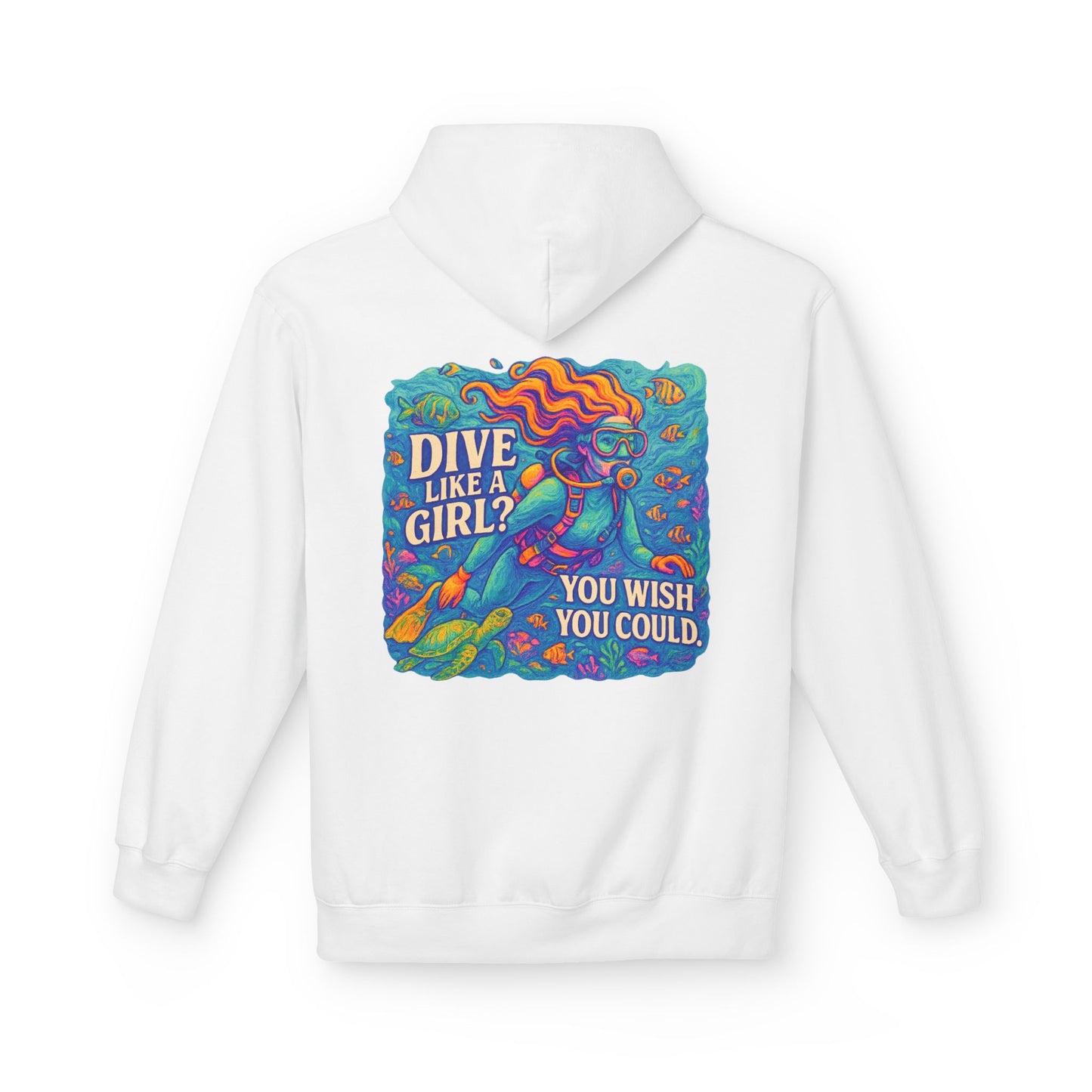 Diving Enthusiast Fleece Hoodie: Perfect for Adventurers, Gifts for Divers, Ocean Lovers, and Summer Celebrations, 'Dive Like a Girl? [...]