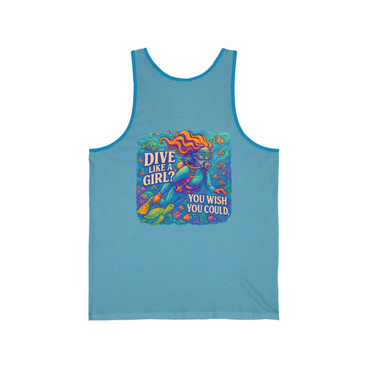 Ocean Vibes Unisex Jersey Tank with girl scuba diver design, Summer Tank, Scuba lovers gift,