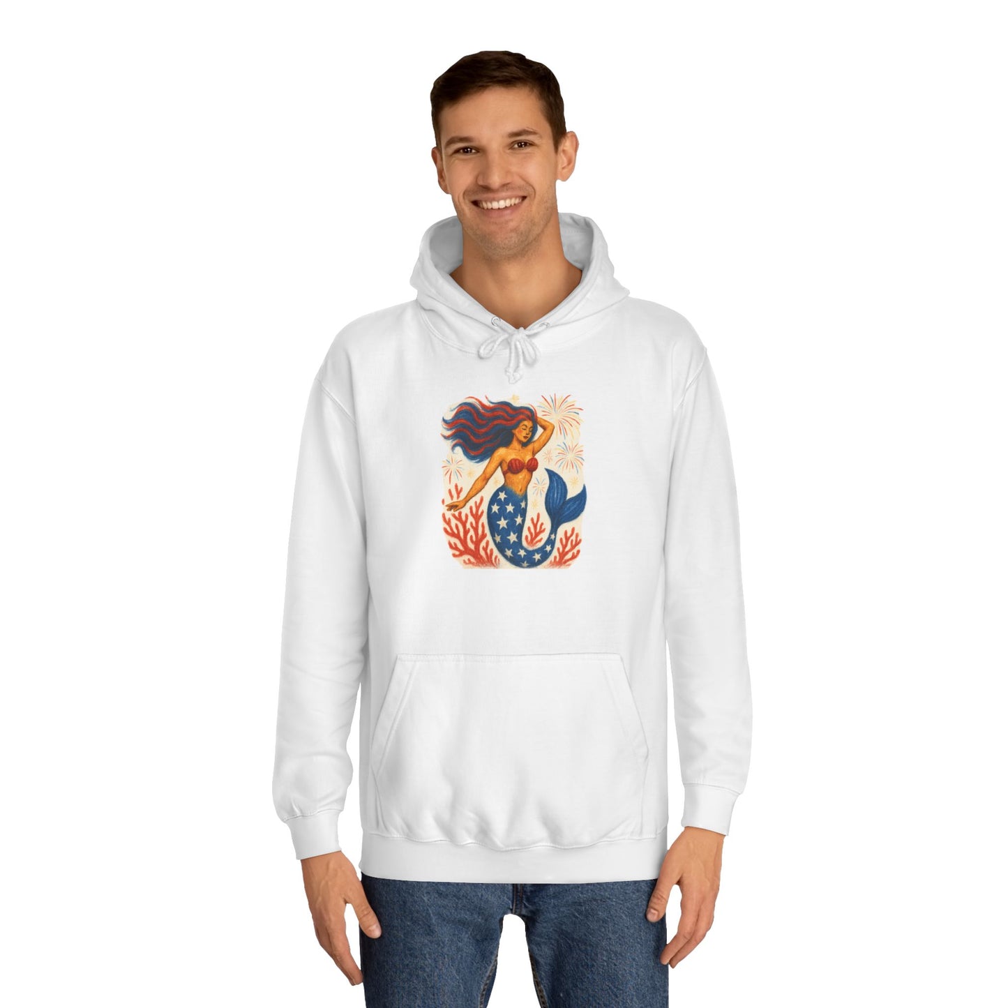 Mermaid Art Unisex July 4th Hoodie, Eco-Friendly Hoodie, Gift for Students, Casual Wear, Beach Lover Hoodie, Mermaid Lovers, patriotic gift, gift for women scuba diver,