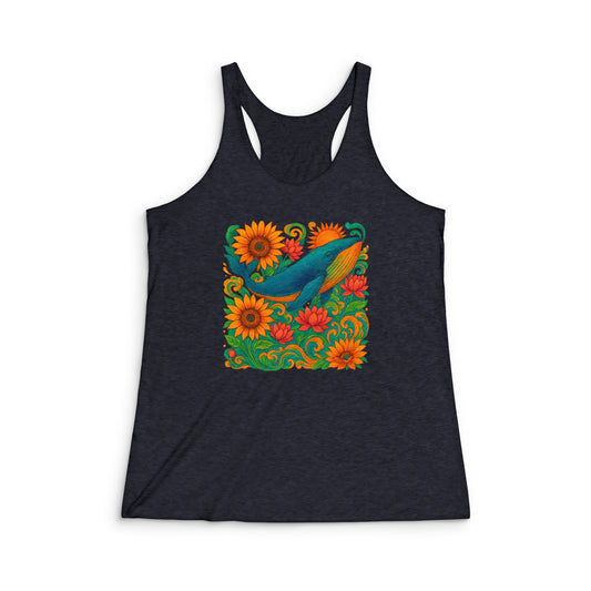 Vibrant Floral Whale Racerback Tank Top, Summer Tank, Beachwear, Casual Wear, Boho Style, Gift for Her, Festival Top, gift for whale lovers