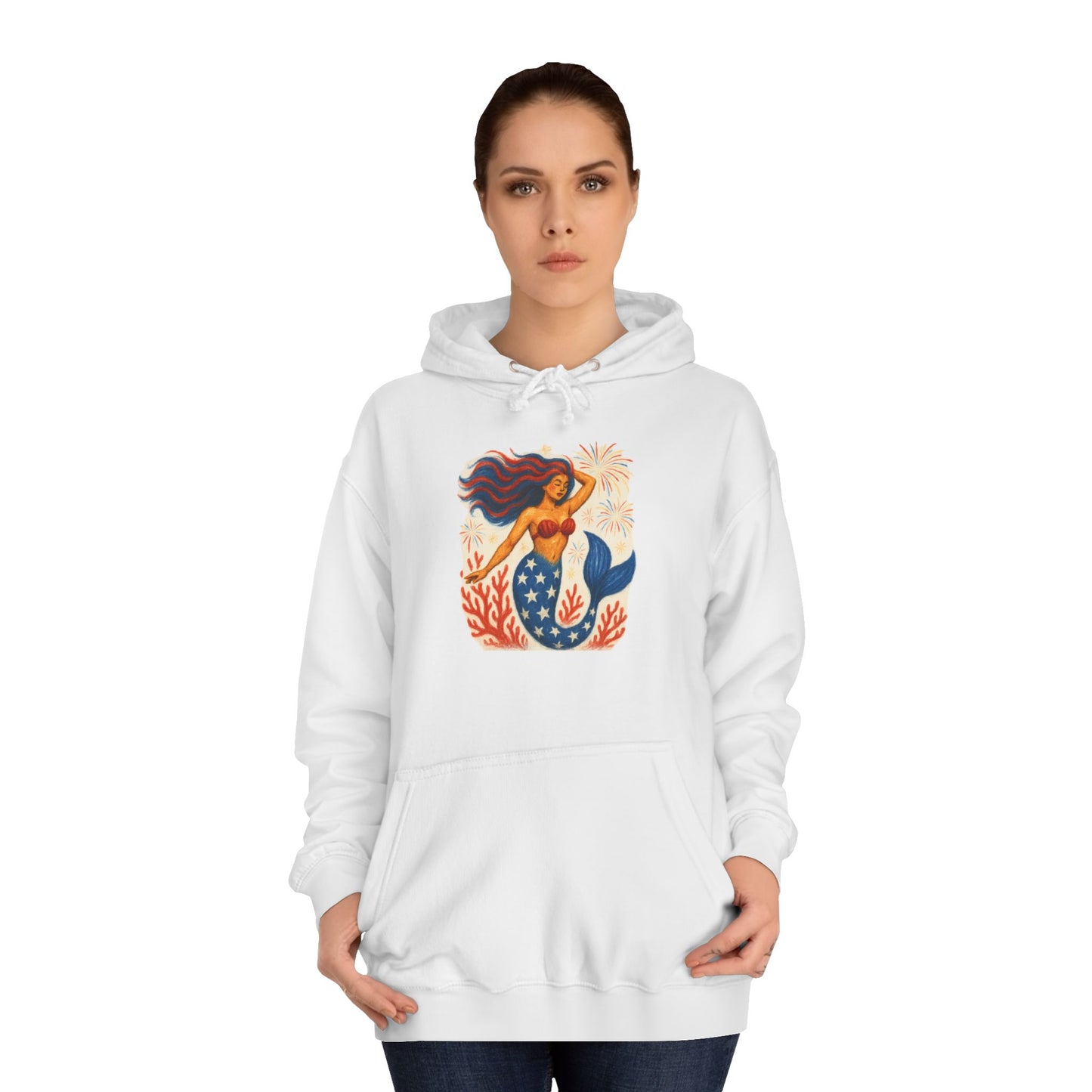 Mermaid Art Unisex July 4th Hoodie, Eco-Friendly Hoodie, Gift for Students, Casual Wear, Beach Lover Hoodie, Mermaid Lovers, patriotic gift, gift for women scuba diver,