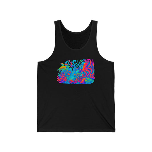 Ocean Vibes Unisex Jersey Tank with sea turtle, summer tank, lake tank, water lovers gift, Gift for ocean Lover, festival shirt, glow party, rave shirt, neon shirt, drinking tank