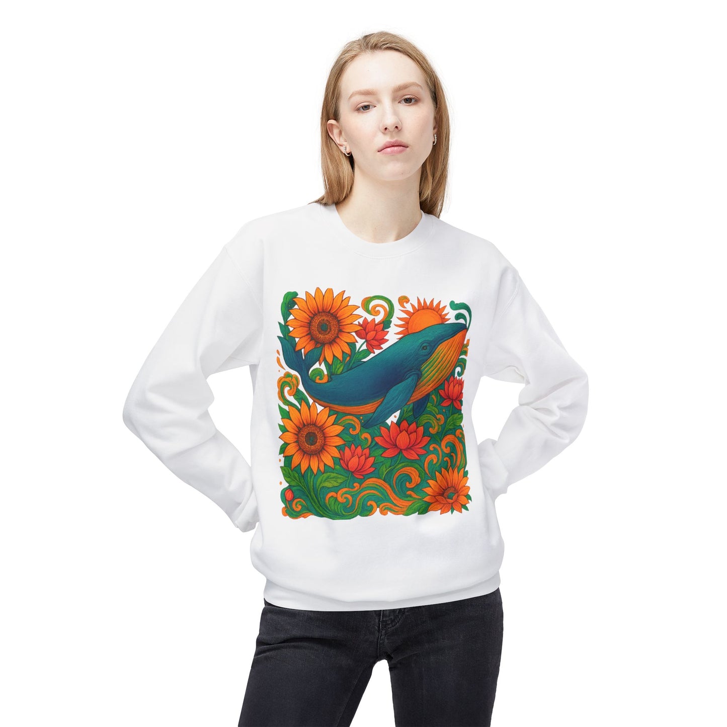 Whale flower Fleece Crewneck Sweatshirt - 'Bottom Time' Beach Vibes, Cozy Sweatshirt for Ocean Lovers, Casual Apparel, Surfing Gift, Summer Style, garden vibes, whale lover gifts, Gardener Lover Gifts