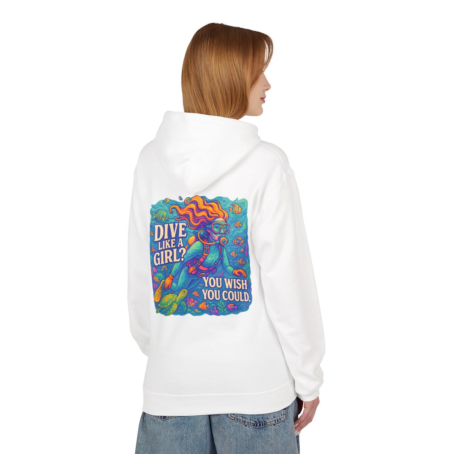 Diving Enthusiast Fleece Hoodie: Perfect for Adventurers, Gifts for Divers, Ocean Lovers, and Summer Celebrations, 'Dive Like a Girl? [...]