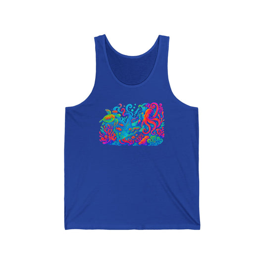 Ocean Vibes Unisex Jersey Tank with sea turtle, summer tank, lake tank, water lovers gift, Gift for ocean Lover, festival shirt, glow party, rave shirt, neon shirt, drinking tank