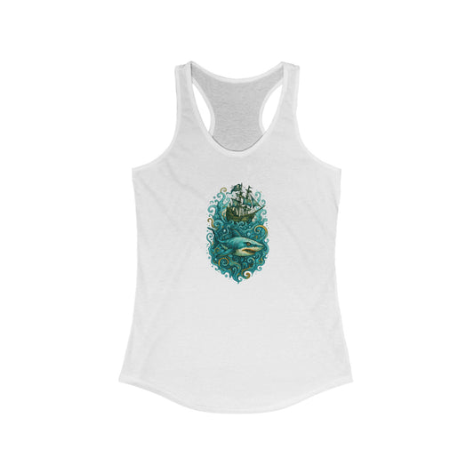 Colorful Shark Racerback Tank, Summer Beach Top, Eco-friendly Activewear, Ideal for Yoga, Vacation Wear,Vibrant Women's Racerback Shark Tank Top, Floral Design, Beachwear, Summer Style, Gift for Her, Resort Wear, Gift for Shark  Lovers, Shark Week