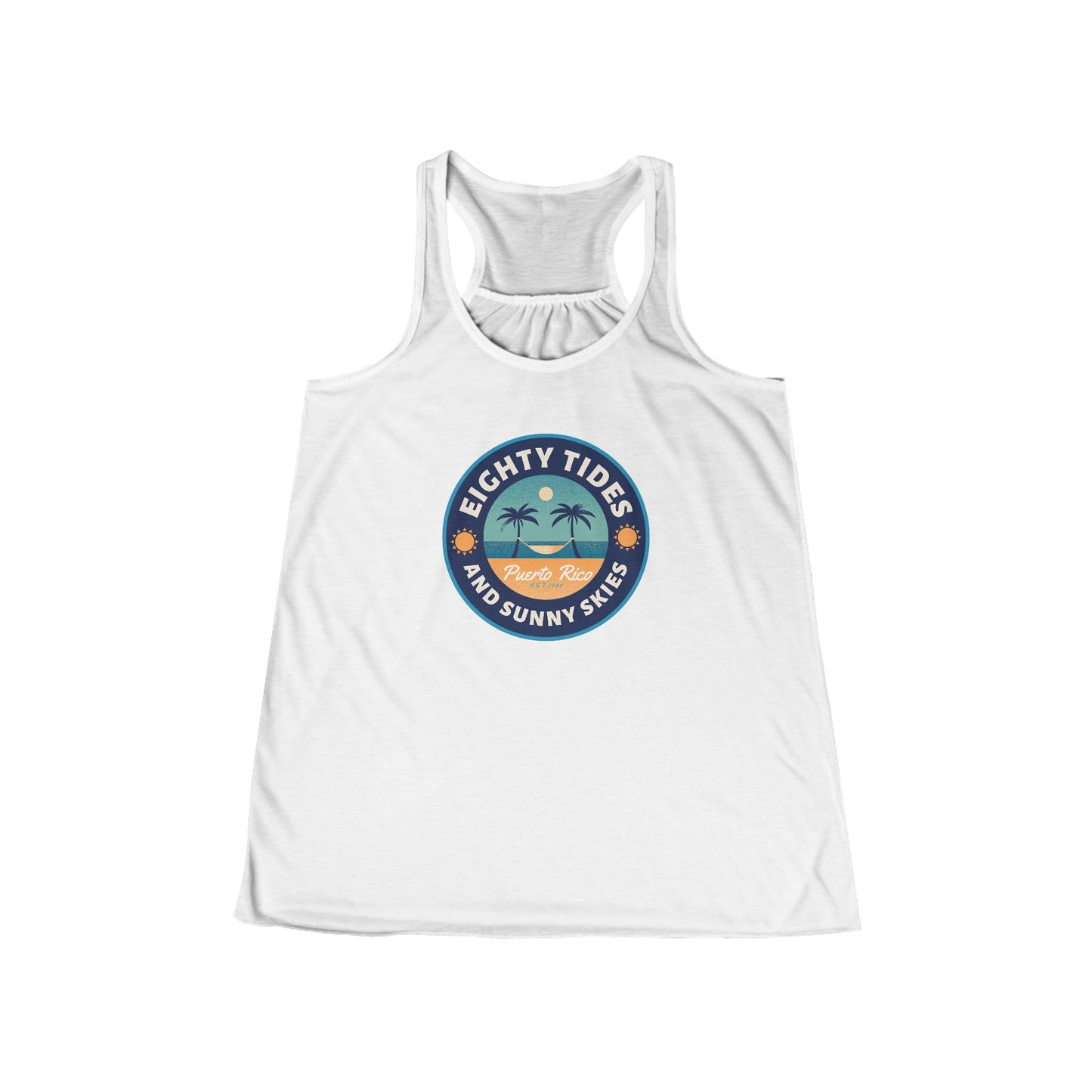 Women's Flowy Racerback Tank, Eighty Tides, Puerto Rico 2025, custom