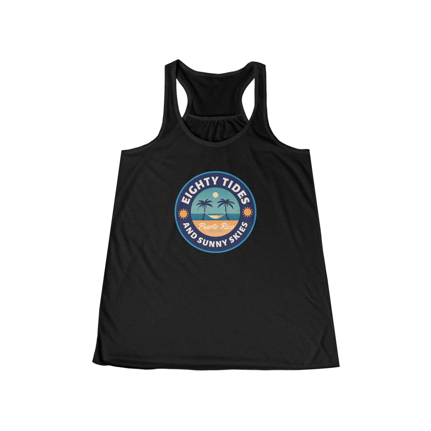 Women's Flowy Racerback Tank, Eighty Tides, Puerto Rico 2025, custom