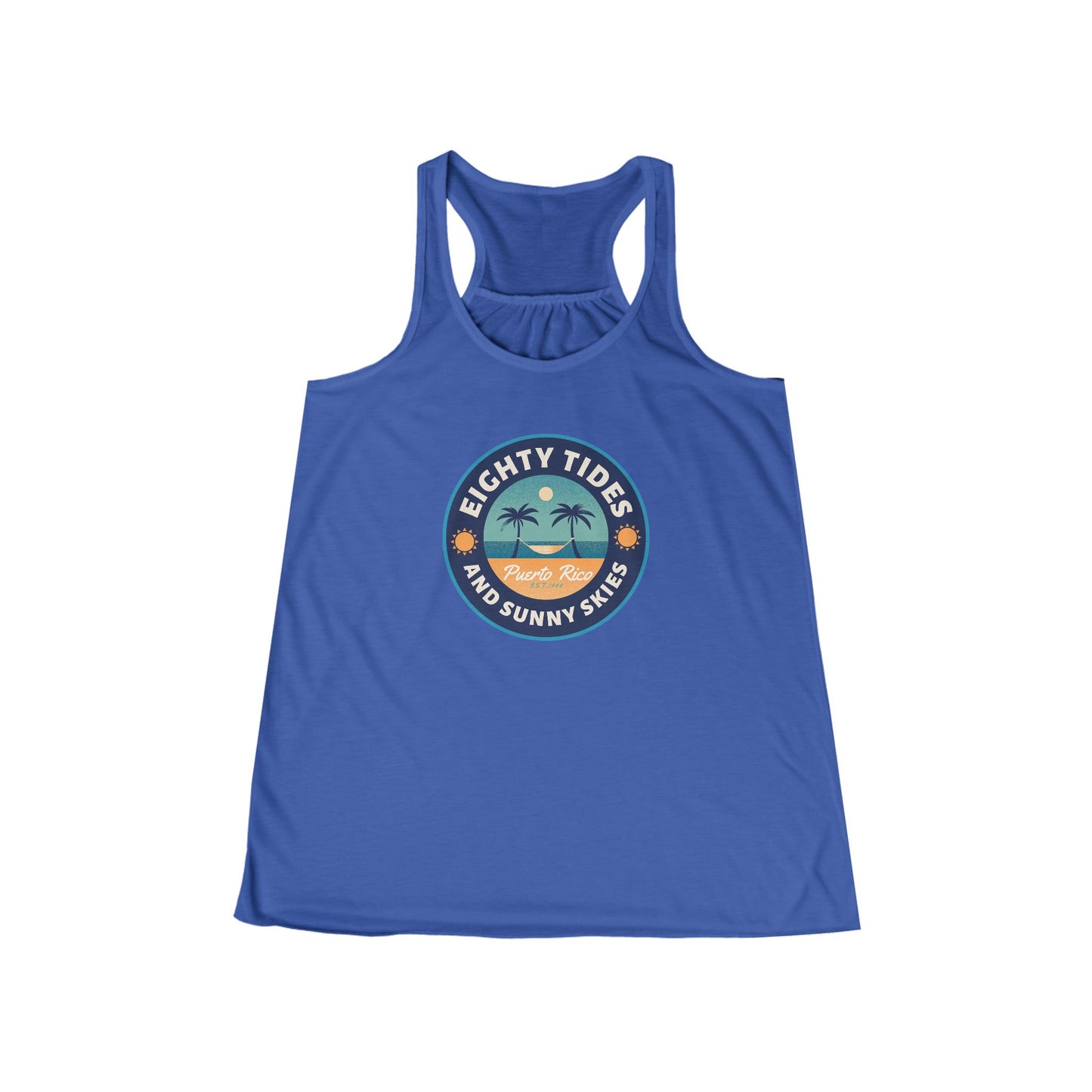 Women's Flowy Racerback Tank, Eighty Tides, Puerto Rico 2025, custom