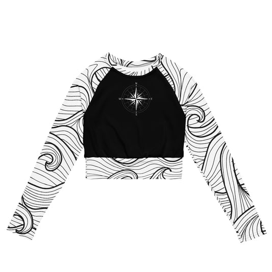 Cropped black and white wave women's rash guard with compass