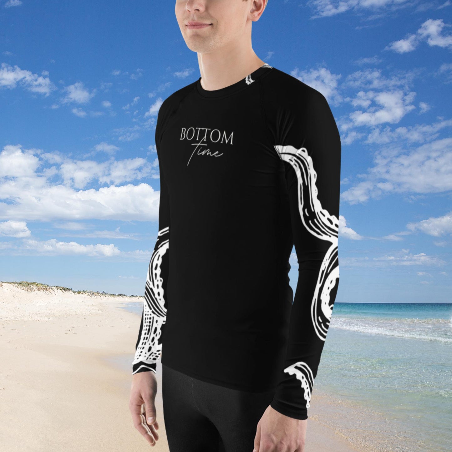 Bottom Time™ Eco-Friendly Men's Rash Guard, Octopus, Black and White