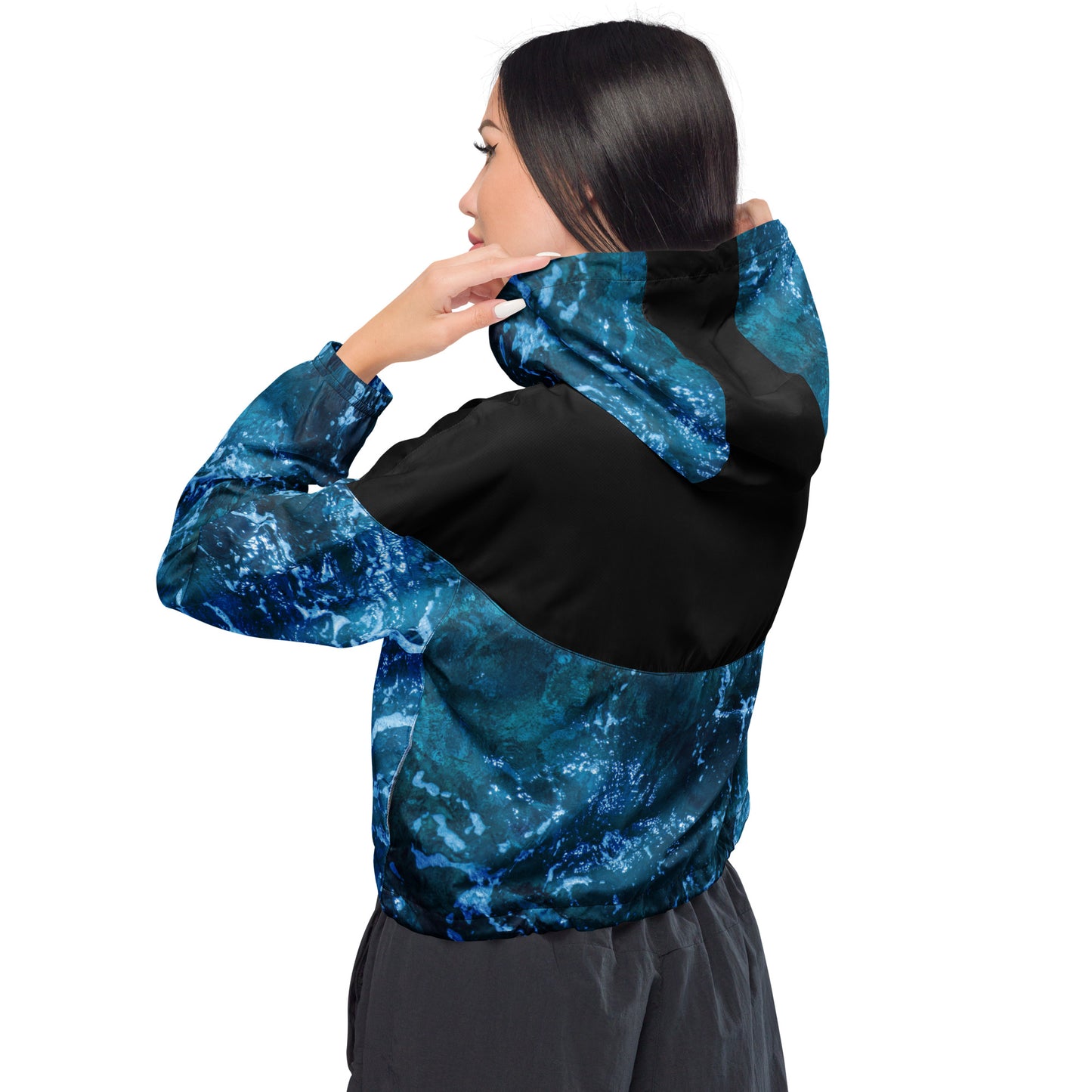 Women’s cropped windbreaker jacket, black and white, waves, ocean themed