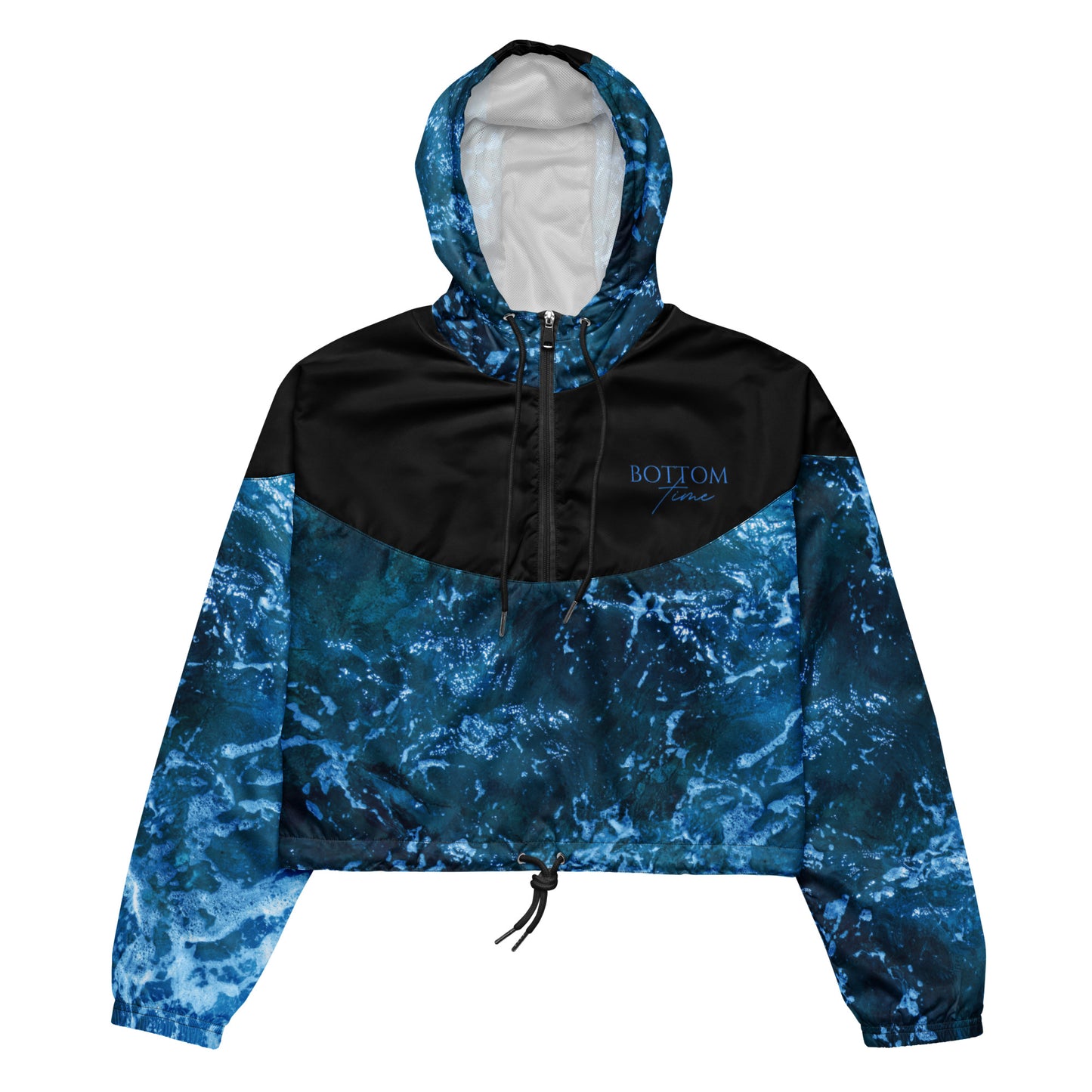 Women’s cropped windbreaker jacket, black and white, waves, ocean themed