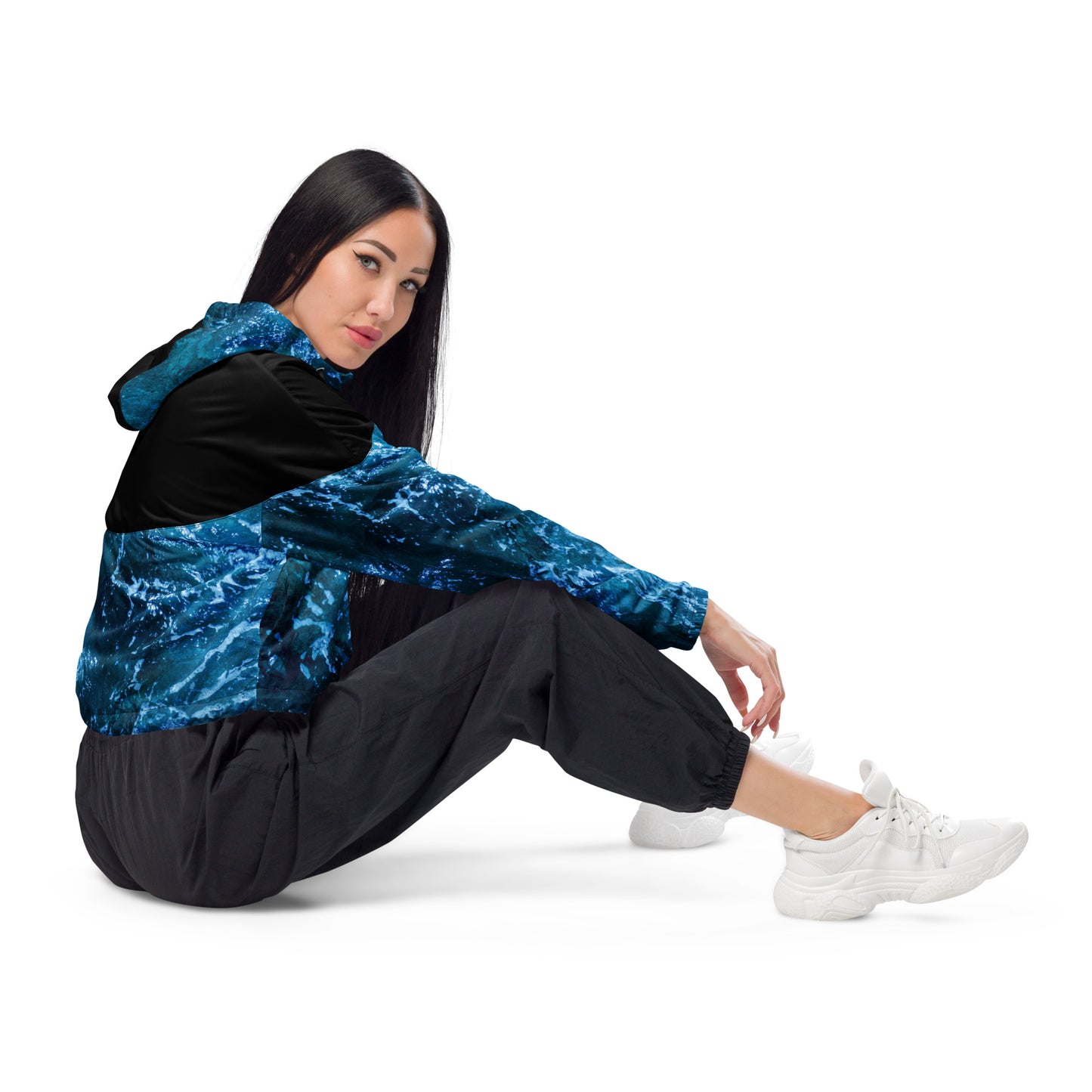 Women’s cropped windbreaker jacket, black and white, waves, ocean themed